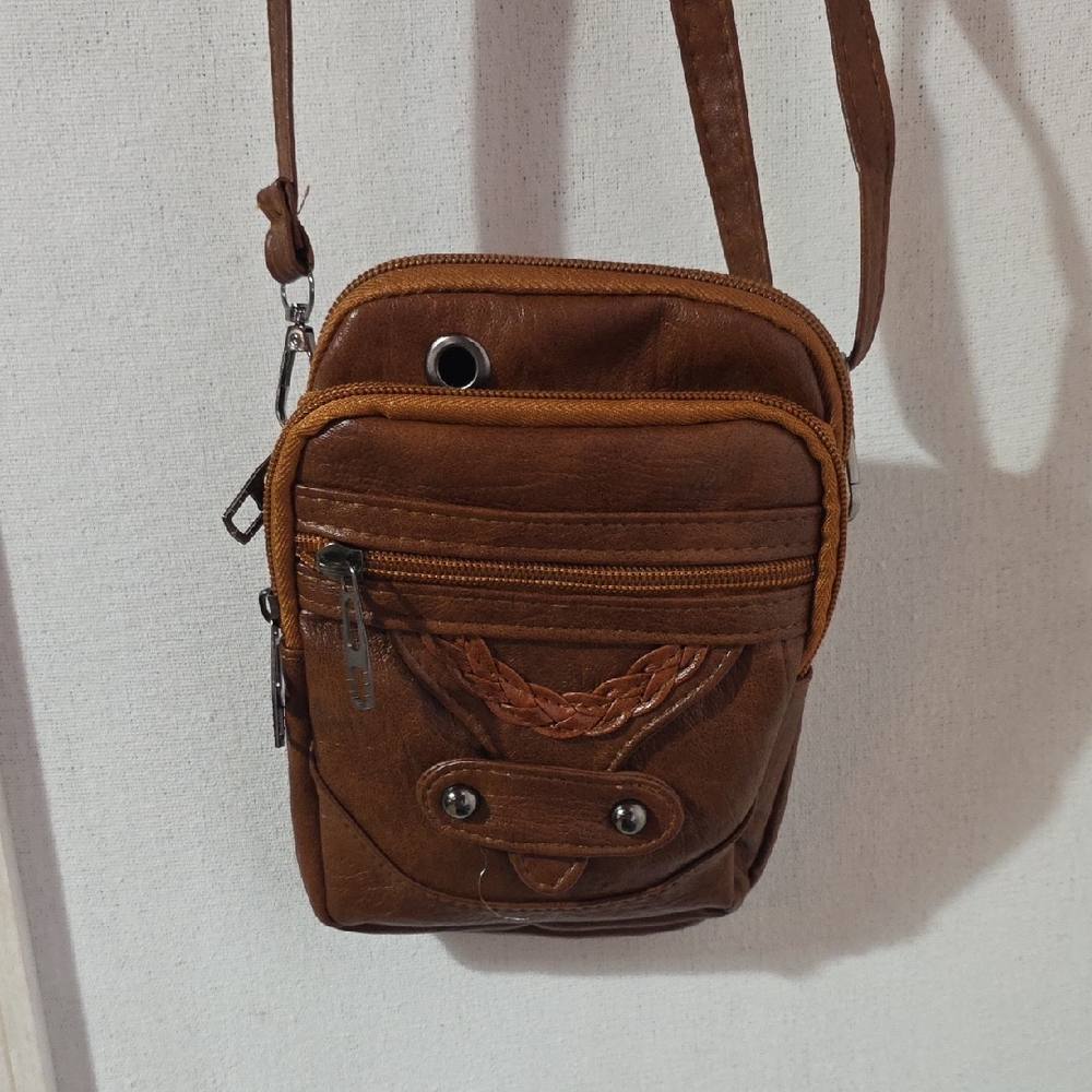Brown Faux Leather Multi Pocket Crossbody Bag Small Travel Shoulder‎ Purse